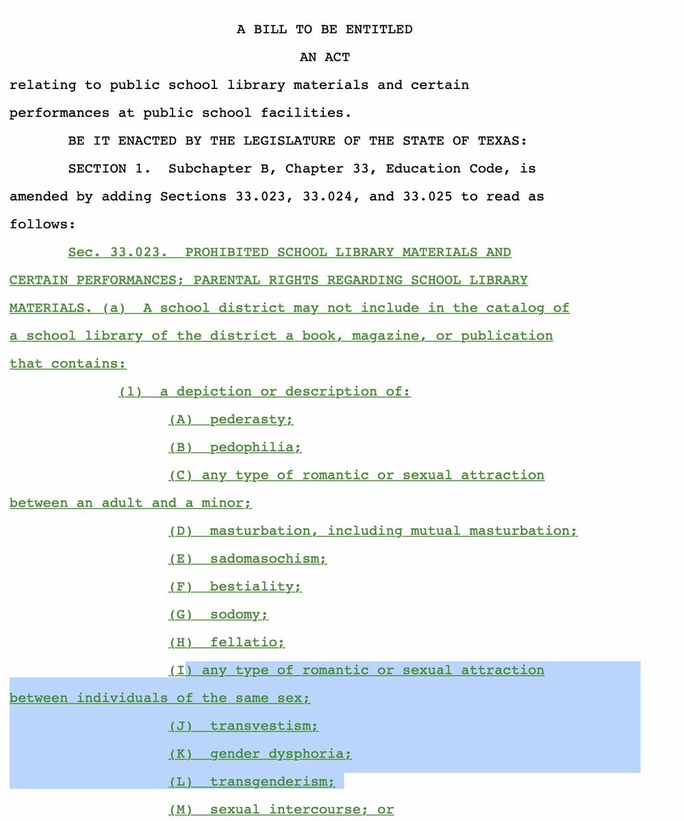 	
A BILL TO BE ENTITLED
 	
AN ACT
 	relating to public school library materials and certain
 	performances at public school facilities.
 	       BE IT ENACTED BY THE LEGISLATURE OF THE STATE OF TEXAS:
 	       SECTION 1.  Subchapter B, Chapter 33, Education Code, is
 	amended by adding Sections 33.023, 33.024, and 33.025 to read as
 	follows:
 	       Sec. 33.023.  PROHIBITED SCHOOL LIBRARY MATERIALS AND
 	CERTAIN PERFORMANCES; PARENTAL RIGHTS REGARDING SCHOOL LIBRARY
 	MATERIALS. (a)  A school district may not include in the catalog of
 	a school library of the district a book, magazine, or publication
 	that contains:
 	             (1)  a depiction or description of:
 	                   (A)  pederasty;
 	                   (B)  pedophilia;
 	                   (C) any type of romantic or sexual attraction
 	between an adult and a minor; 
 	                   (D)  masturbation, including mutual masturbation; 
 	                   (E)  sadomasochism;
 	                   (F)  bestial