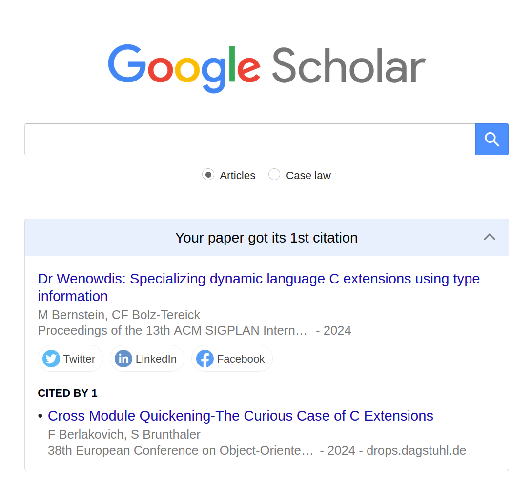 Screenshot of Google Scholar saying "Your paper just got its 1st citation"