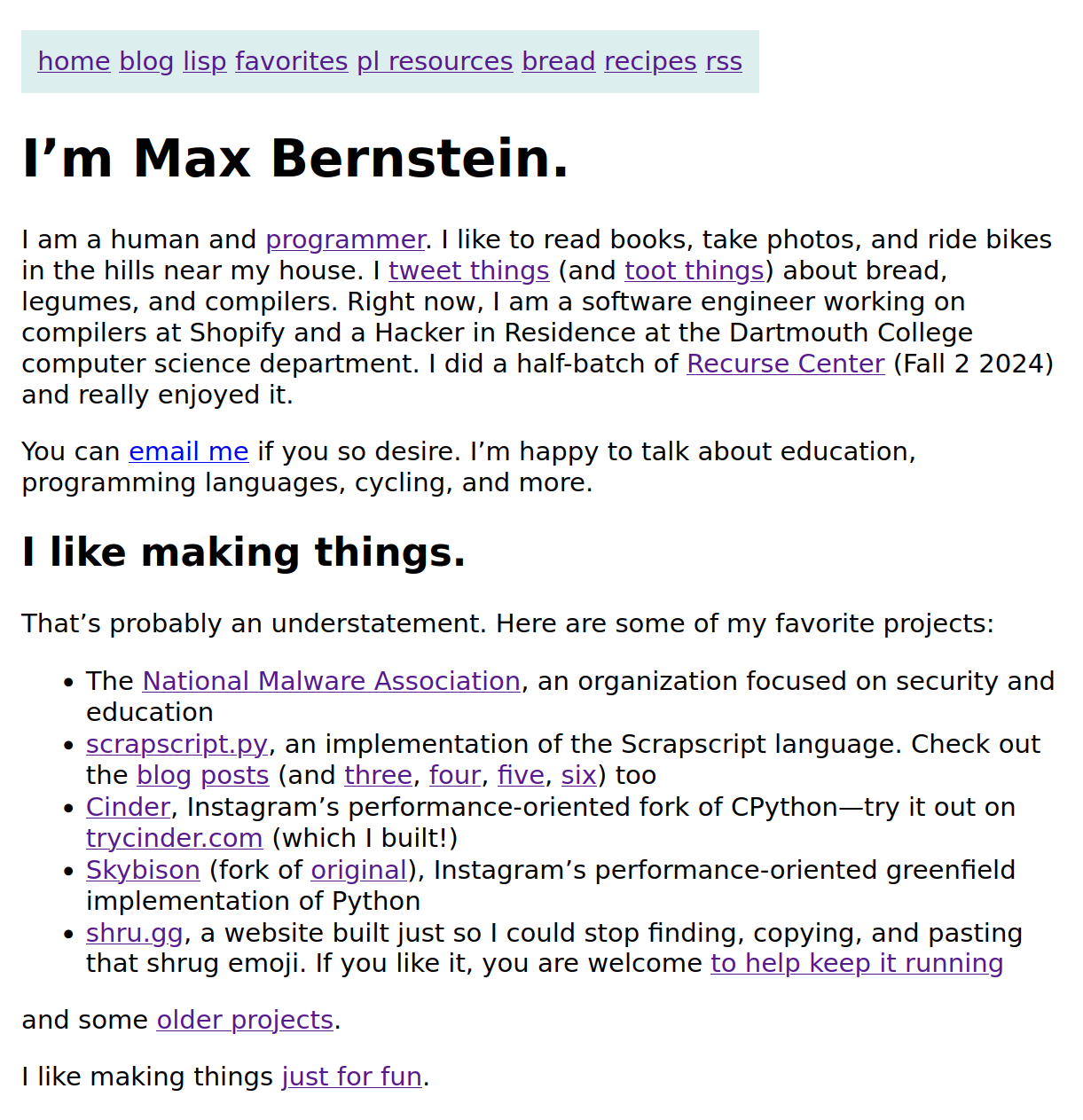 Screenshot of bernsteinbear.com where the body's font-family has been changed from serif to sans-serif