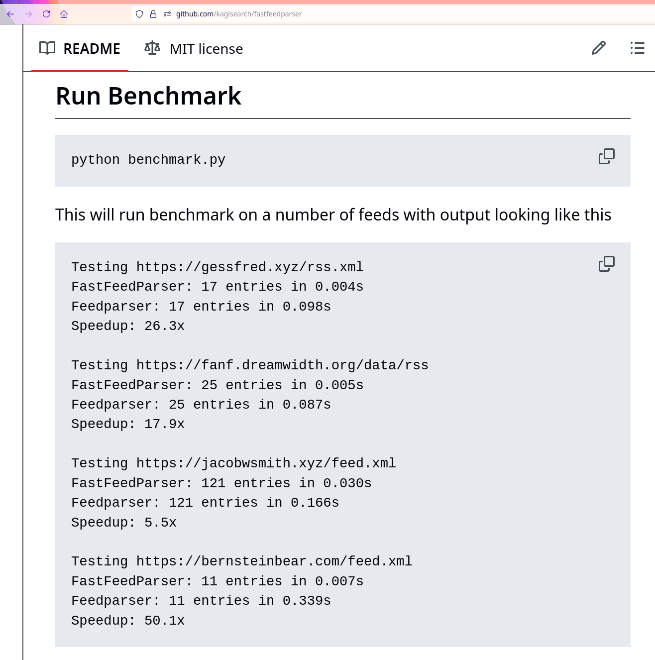 Screenshot of Kagi's fastfeedparser README benchmarking section, in which they are parsing four blogs with fastfeedparser and comparing to feedparser. Mine is the slowest on feedparser and gets a 50x speedup in fastfeedparser.