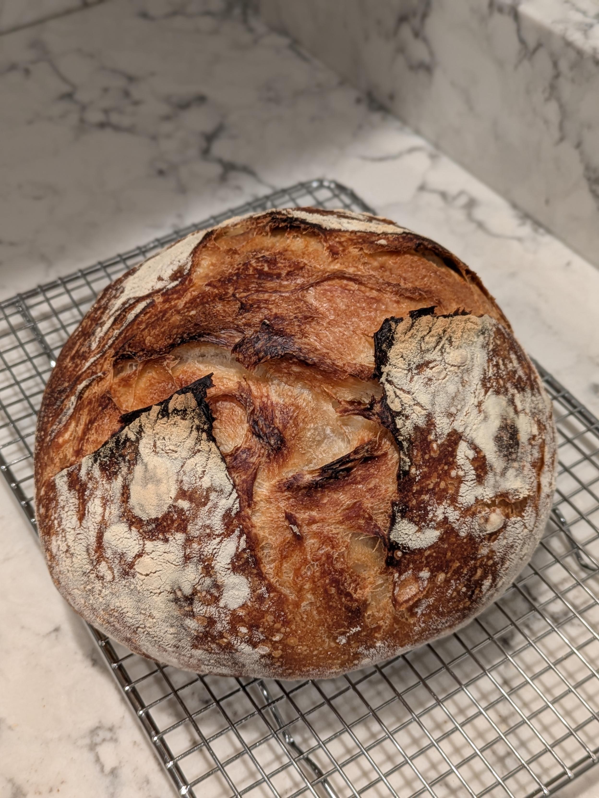 Tall round boule, dark, with flour spots. Scored in an X on the top. Has slight ear